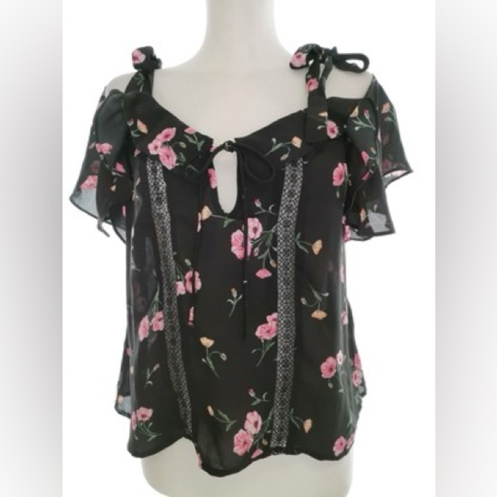 H&M Floral Semi Sheer Dainty Shoulder Tie Flutter Sleeve Summer Front Bow Blouse
